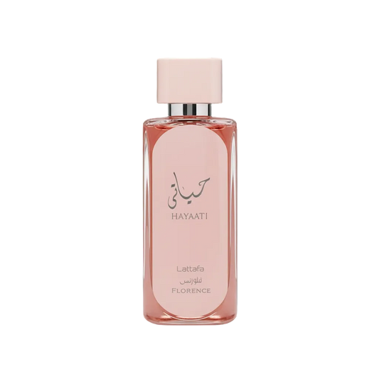 Lattafa Hayaati Florence – miniatury i flakon 100 ml na przezroczystym tle