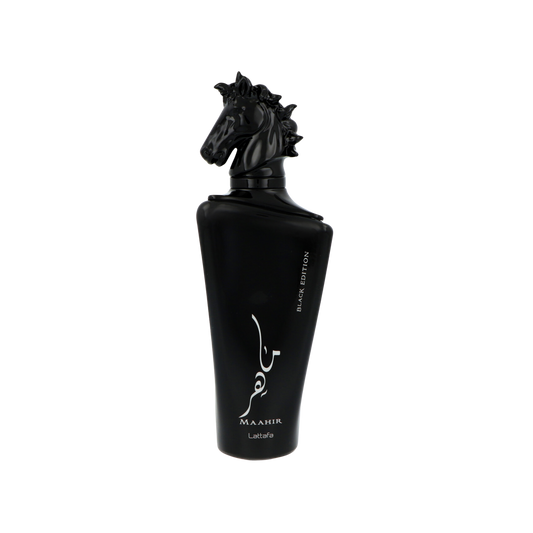 Lattafa Maahir Black Edition – próbki i flakon 100 ml na przezroczystym tle