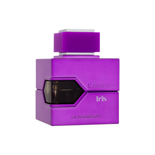 Flakon L’Aventure Iris Extrait 100 ml na przezroczystym tle