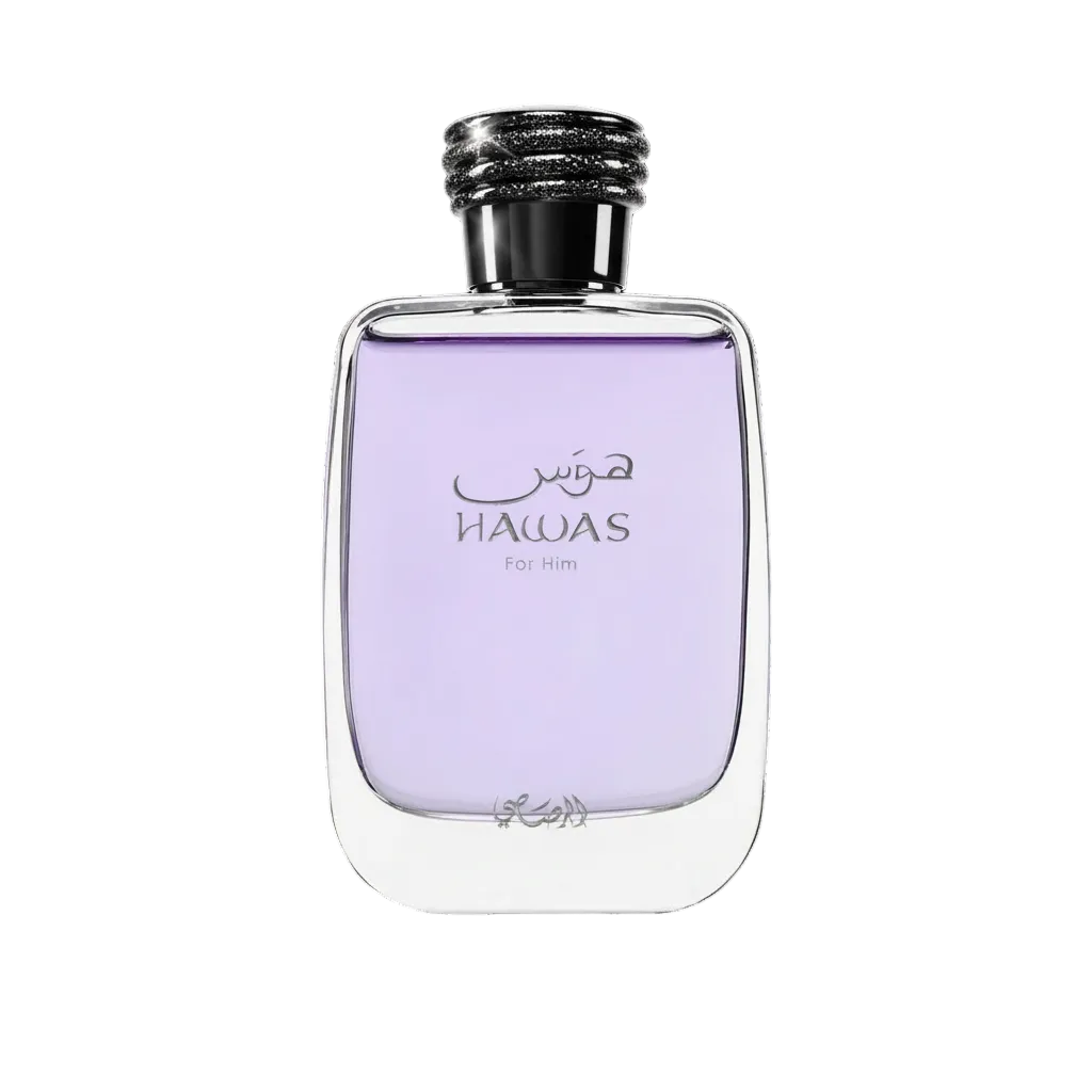 Rasasi Hawas For Him flakon na przezroczystym tle