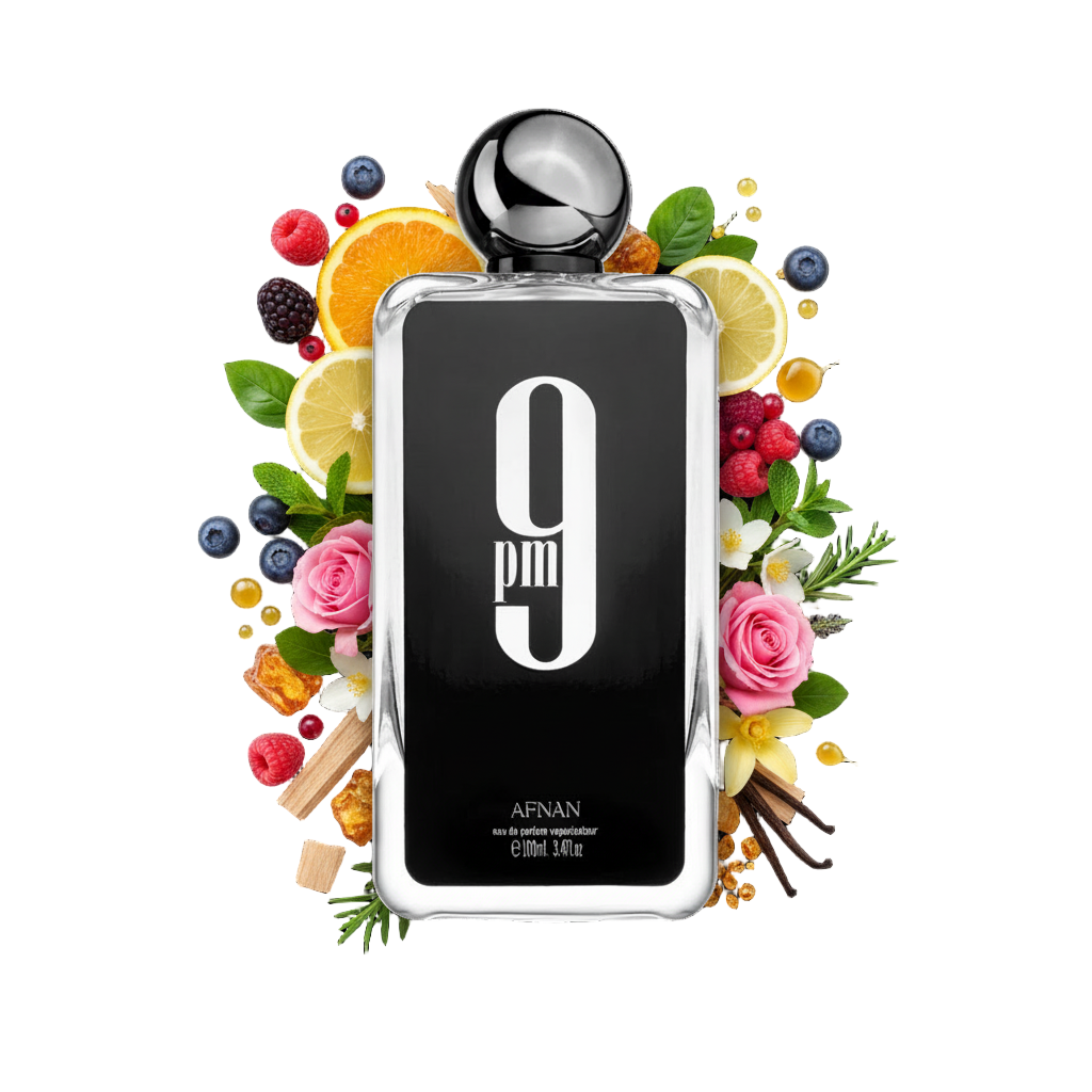 Afnan 9 pm 100 ml — flakon perfum z wizualizacją nut owoców, kwiatów i drzewa sandałowego
