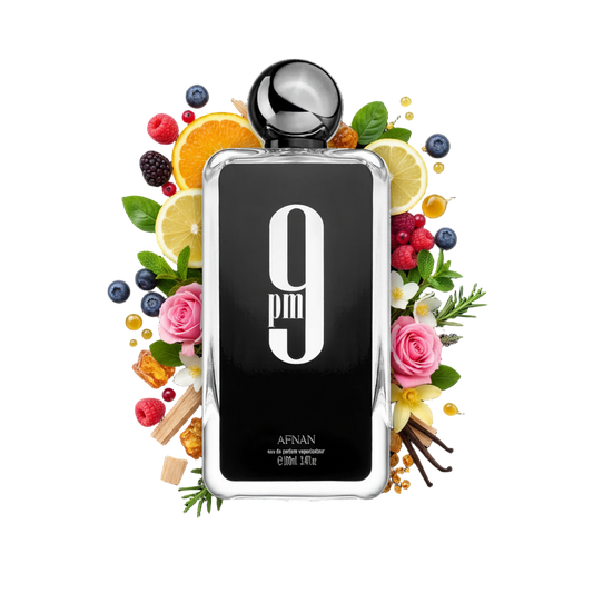 Afnan 9 pm 100 ml — flakon perfum z wizualizacją nut owoców, kwiatów i drzewa sandałowego
