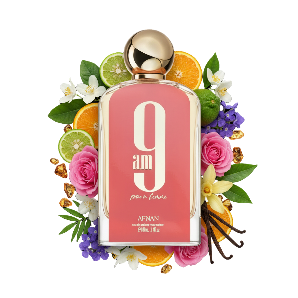 Afnan 9 pm Pour Femme 100 ml — flakon perfum z wizualizacją nut mandarynki, pomarańczy, jaśminu i paczuli