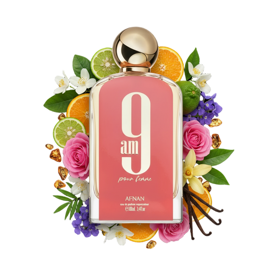 Afnan 9 pm Pour Femme 100 ml — flakon perfum z wizualizacją nut mandarynki, pomarańczy, jaśminu i paczuli