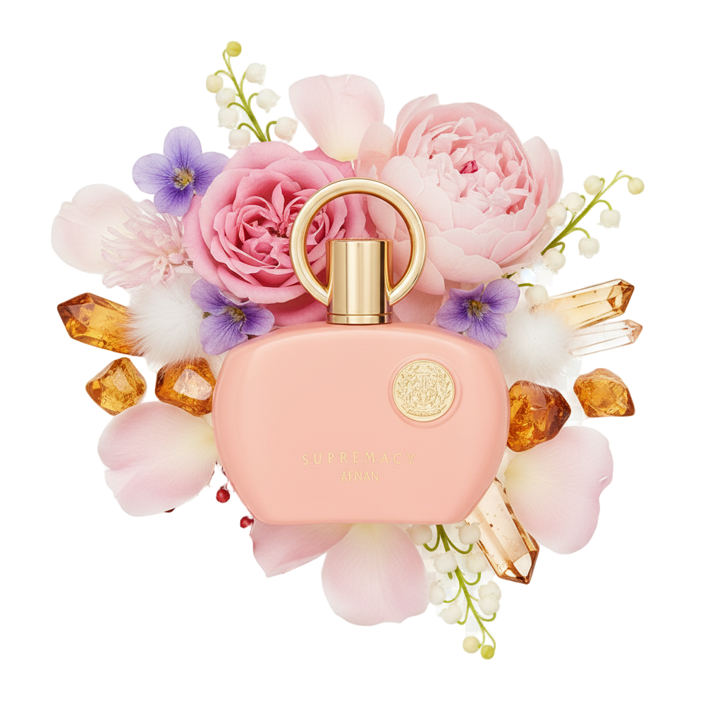 Afnan Supremacy Pink 100 ml — flakon perfum z wizualizacją nut owocowych i kwiatowych