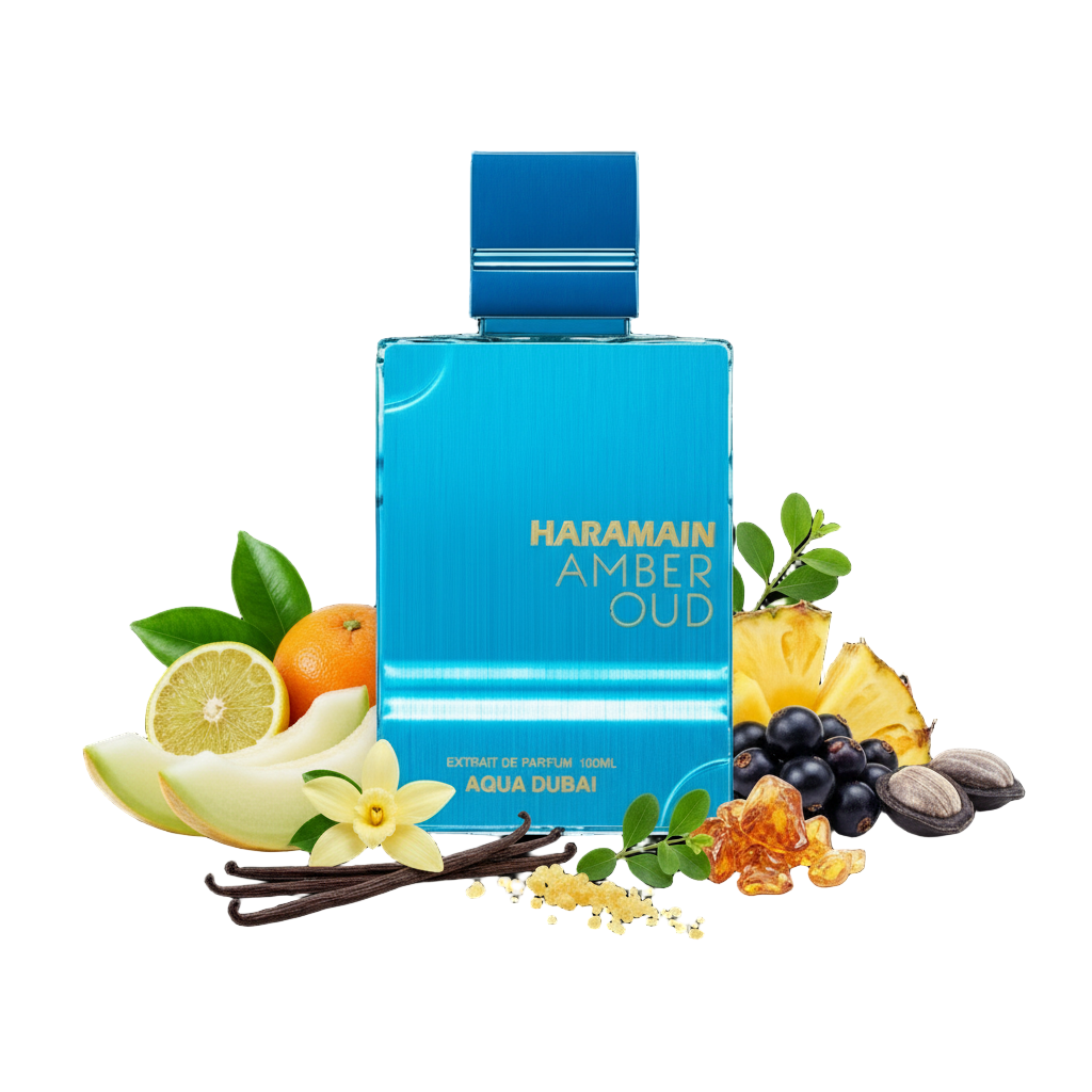 Al Haramain Amber Oud Aqua Dubai 100 ml — flakon perfum z wizualizacją nut: bergamotka, melon, piżmo