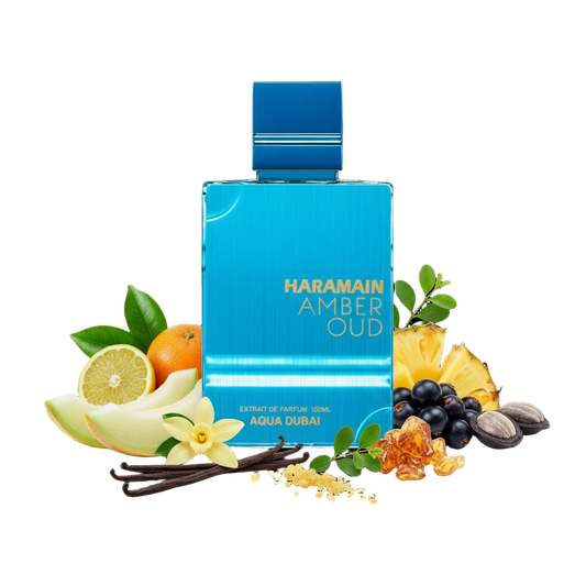 Al Haramain Amber Oud Aqua Dubai 100 ml — flakon perfum z wizualizacją nut: bergamotka, melon, piżmo