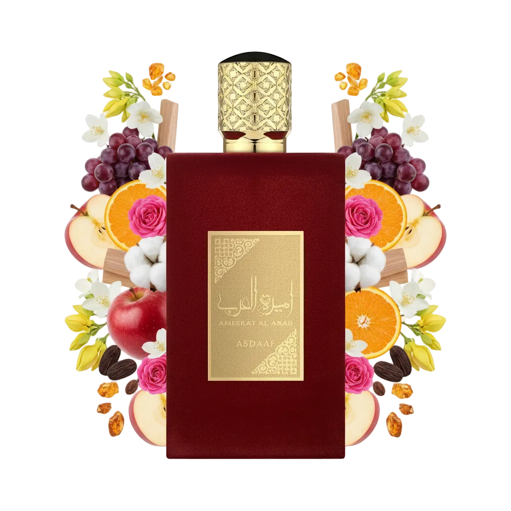 Asdaaf Ameerat Al Arab 100 ml — flakon perfum z wizualizacją nut kwiatowych i orientalnych
