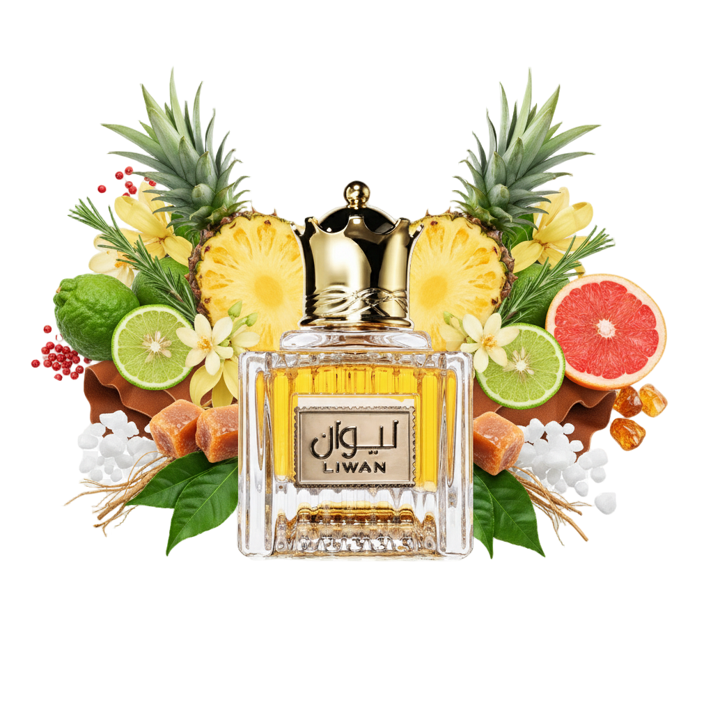Ard Al Zaafaran Liwan 100 ml — flakon perfum z wizualizacją nut cytrusów, drewna i przypraw