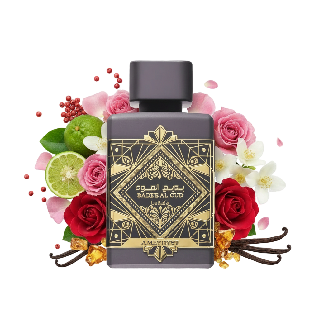 Badee Al Oud Amethyst – arabskie perfumy, flakon z nutami czarnej porzeczki, róży i wanilii
