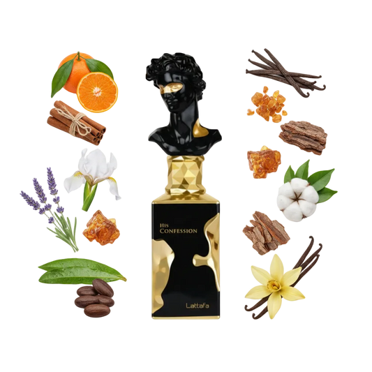 
Lattafa His Confession 100 ml — flakon perfum z wizualizacją nut drzewnych i przypraw