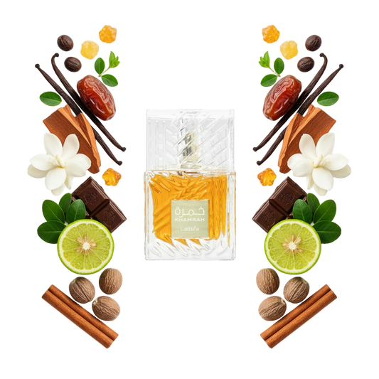 Lattafa Khamrah 100 ml — flakon perfum z wizualizacją nut zapachowych