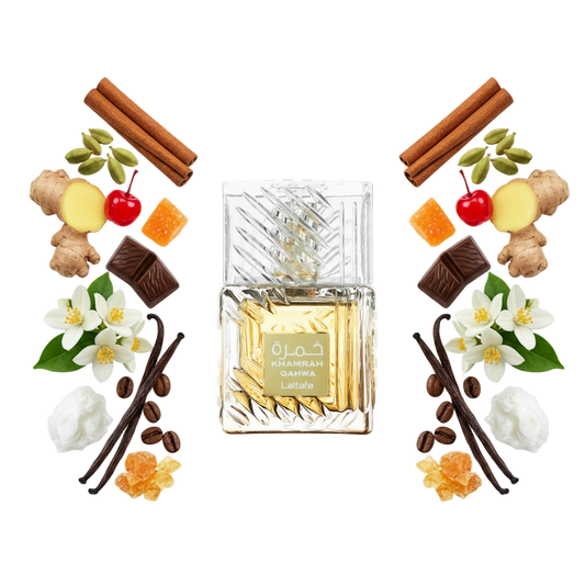 Lattafa Khamrah Qahwa 100 ml — flakon perfum z wizualizacją nut kawy i przypraw