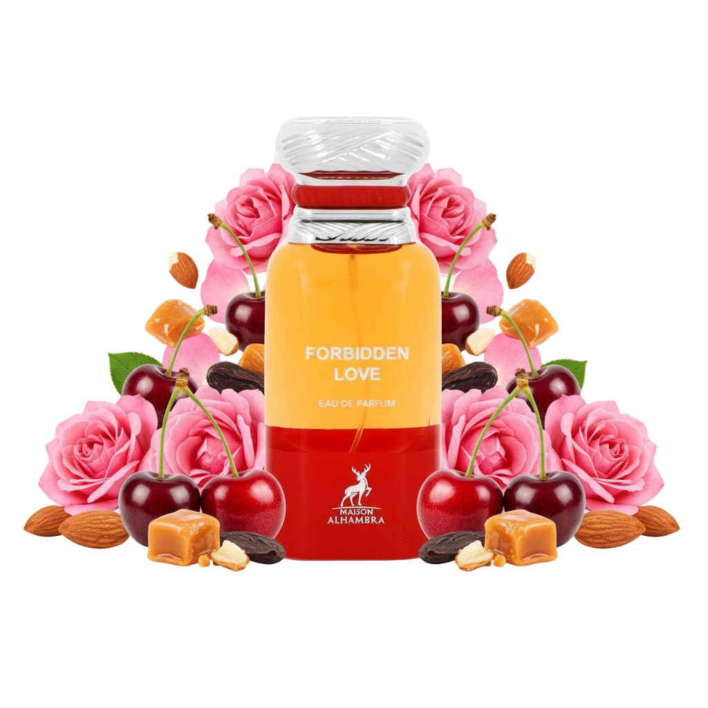 Maison Alhambra Forbidden Love 80 ml — flakon perfum z wizualizacją nut (wiśnia, migdał, ambra, drzewo)