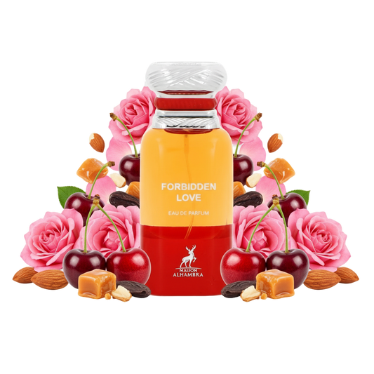 Maison Alhambra Forbidden Love 80 ml — flakon perfum z wizualizacją nut (wiśnia, migdał, ambra, drzewo)