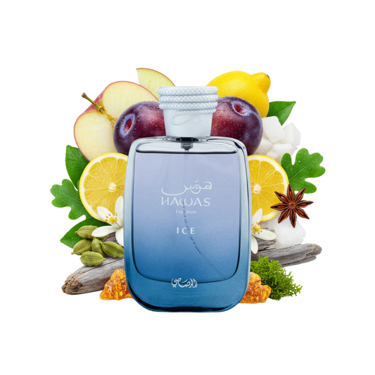 Składniki perfum Rasasi Hawas Ice: mrożone jabłko, bergamotka i piżmo