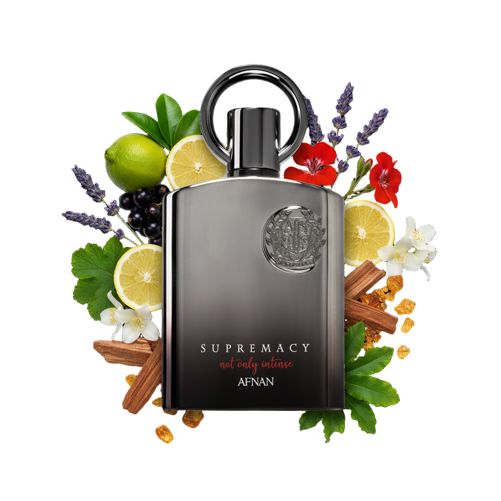 Supremacy Not Only Intense 100 ml — flakon perfum z wizualizacją nut bergamotki, lawendy i cedru