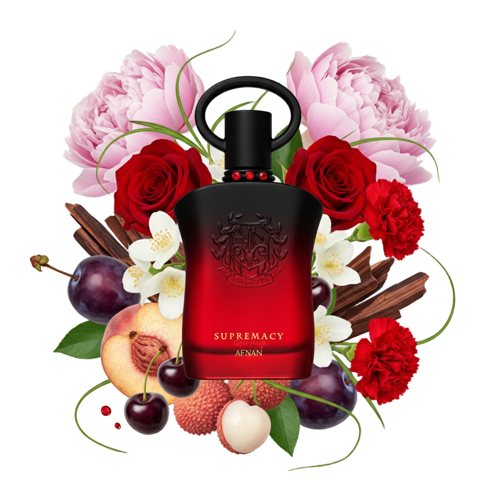 Supremacy Tapis Rouge 90 ml — flakon perfum z wizualizacją nut czerwonych owoców, róży i paczuli